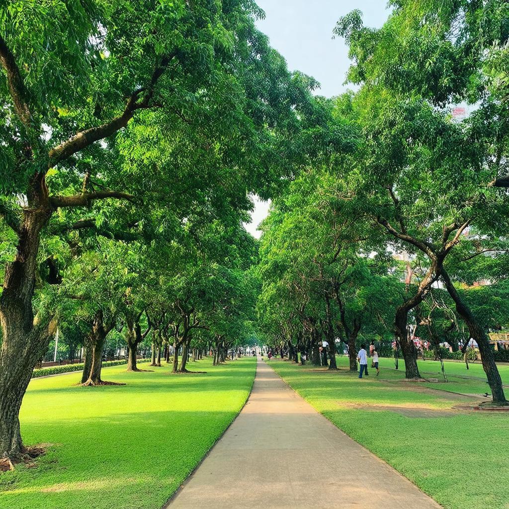 Toàn cảnh không gian xanh mát, rộng rãi của Công viên Hoàng Văn Thụ với nhiều cây xanh.