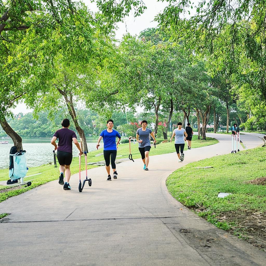 Người dân đi dạo, chạy bộ và tập thể dục trên đường đi trong Công viên Hoàng Văn Thụ.