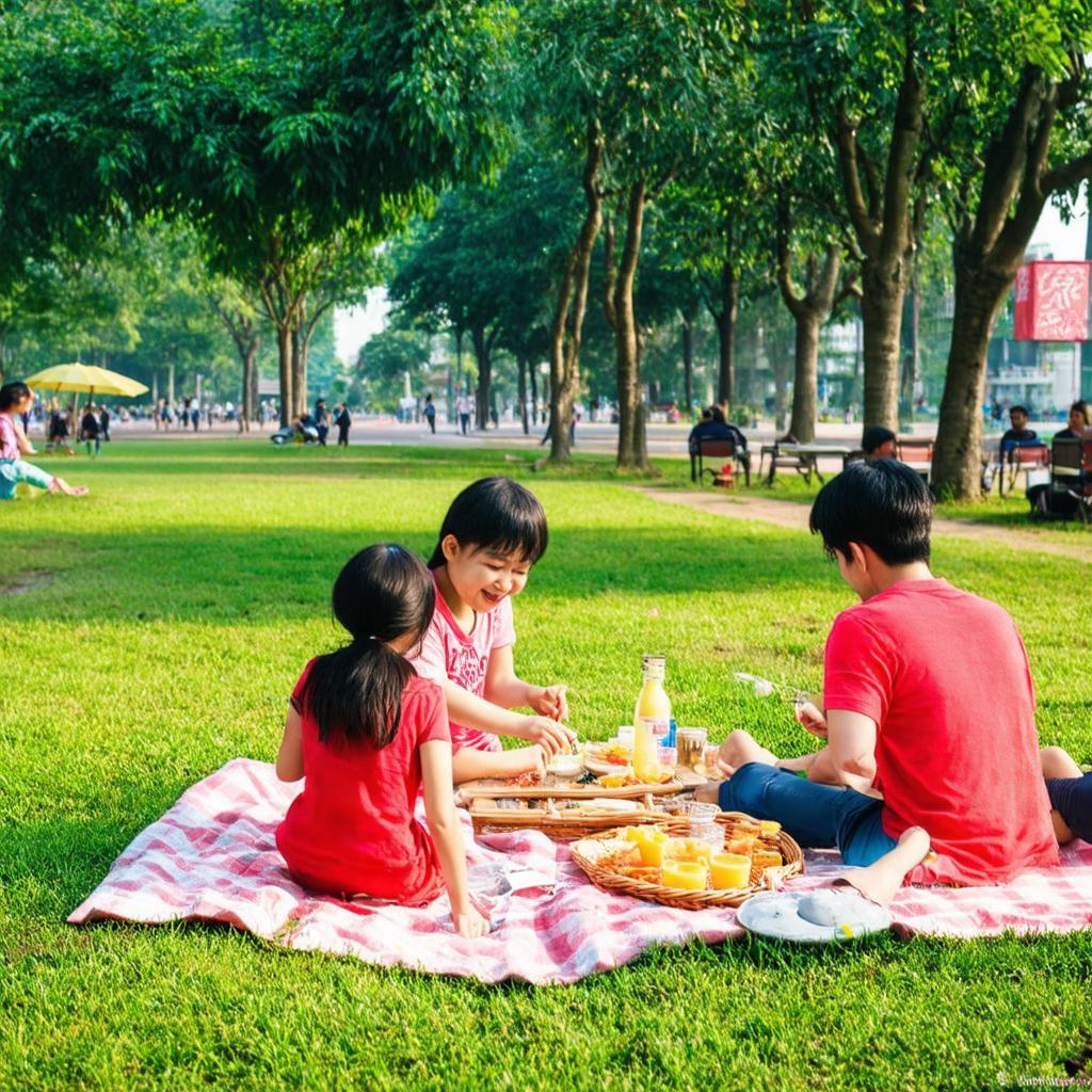 Một gia đình vui chơi trên bãi cỏ tại Công viên Ngoại giao đoàn, Bắc Từ Liêm, Hà Nội vào cuối tuần