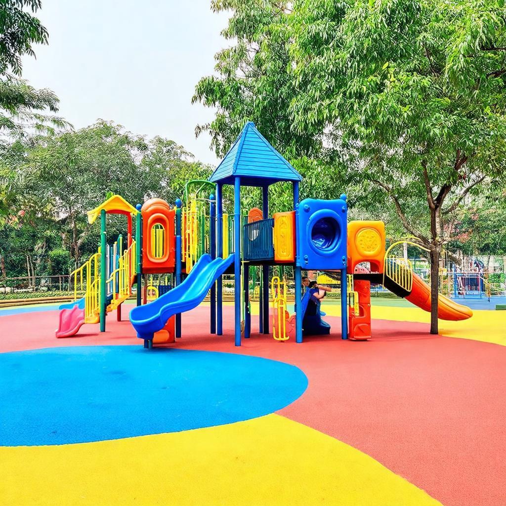Khu vực sân chơi trẻ em với nhiều trò chơi hiện đại tại Công viên Ngoại giao đoàn, Bắc Từ Liêm, Hà Nội