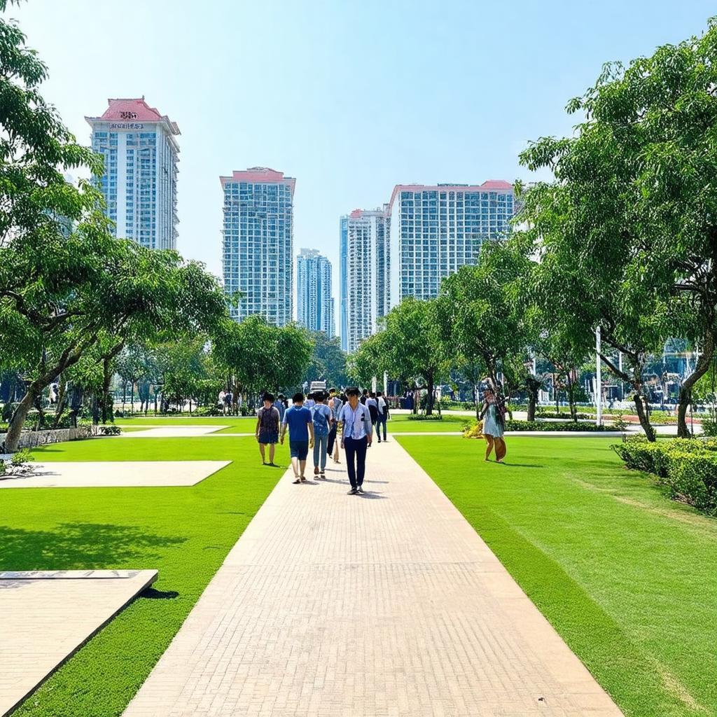 Toàn cảnh công viên Vinhomes Central Park Bình Thạnh với nhiều cây xanh và đường dạo bộ ven sông