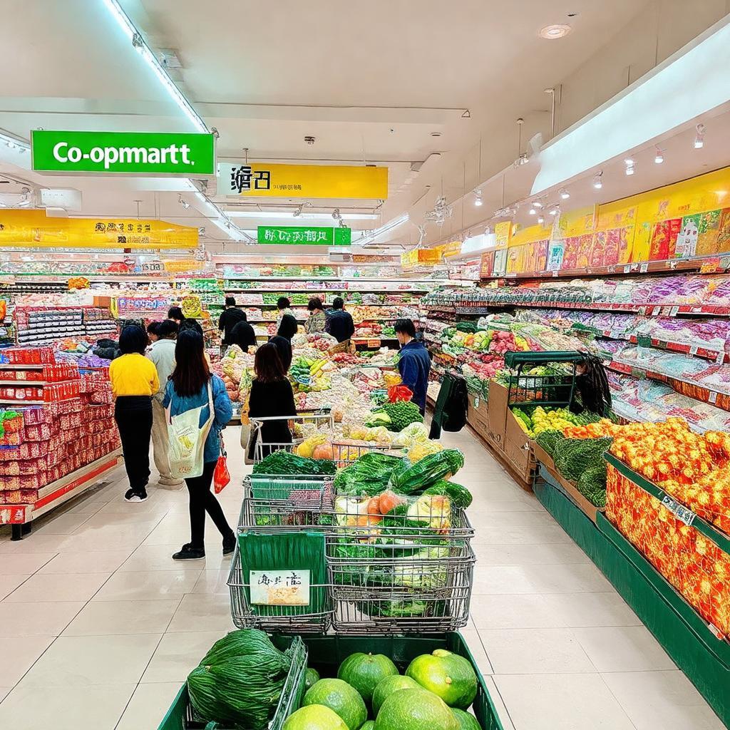 Khu vực trưng bày hàng hóa đa dạng bên trong siêu thị Co.opmart Đồng Xoài