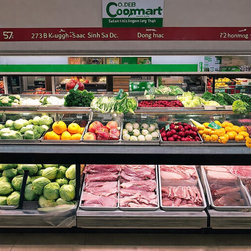 Khu vực thực phẩm tươi sống tại Co.opmart Sa Đéc, 373B Nguyễn Sinh Sắc, Sa Đéc, Đồng Tháp, với nhiều loại rau củ quả, thịt cá tươi ngon.