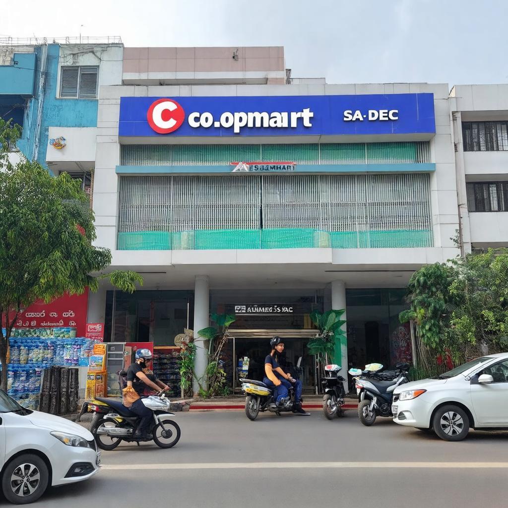 Mặt tiền siêu thị Co.opmart Sa Đéc tại địa chỉ 373B Nguyễn Sinh Sắc, Sa Đéc, Đồng Tháp, thể hiện sự khang trang và dễ dàng tiếp cận cho khách hàng.