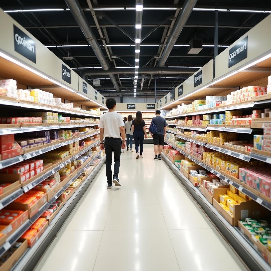 Không gian bên trong siêu thị Coopmart Tam Kỳ rộng rãi, sạch sẽ, các mặt hàng được sắp xếp khoa học.