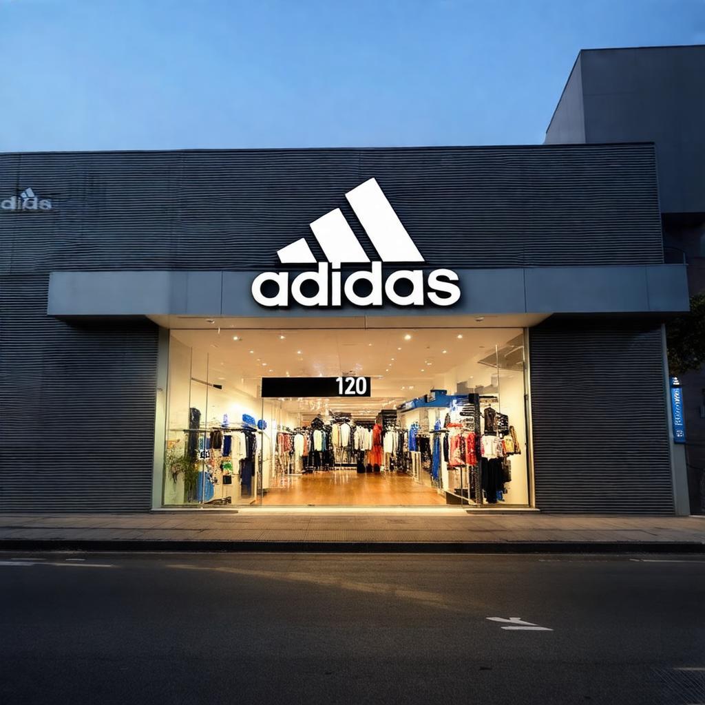 Cửa hàng Adidas Mỹ Tho tại địa chỉ 120 Lê Đại Hành, P. 1, Mỹ Tho với mặt tiền hiện đại và biển hiệu nổi bật