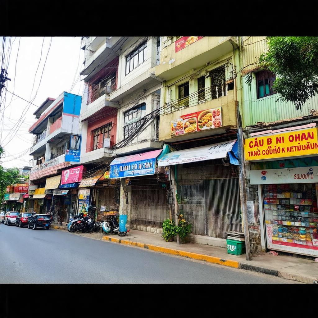 Mặt tiền một dãy cửa hàng và quán ăn sầm uất gần Ngã tư Cầu Ông Bô, Thuận An
