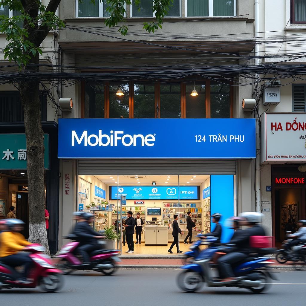 Hình ảnh minh họa cửa hàng MobiFone 124 Trần Phú Hà Đông, biển hiệu rõ ràng trên mặt đường