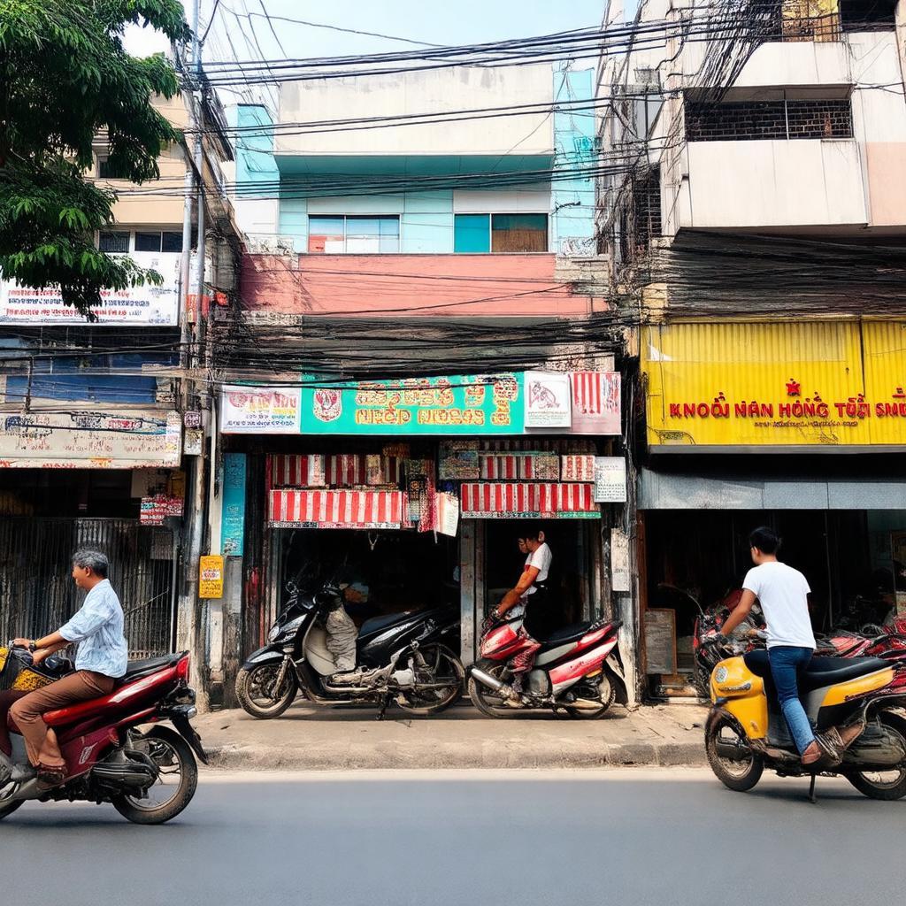 Khung cảnh Phố Đặng Vũ Hỷ Thượng với các cửa hàng, quán ăn tấp nập, thể hiện sự tiện nghi.