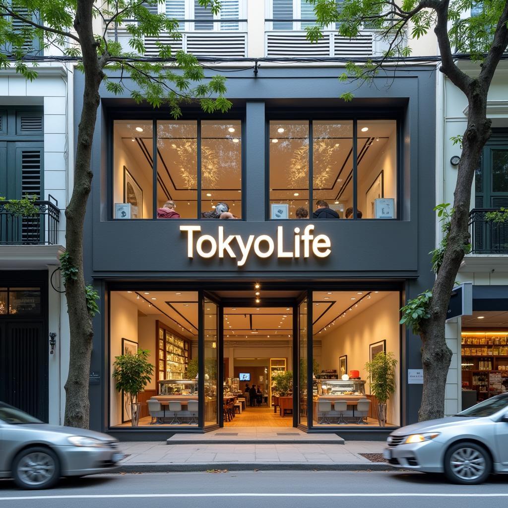 Mat tien cua hang TokyoLife 172 Cau Giay nam tren truc duong lon, co bien hieu de nhan dien.