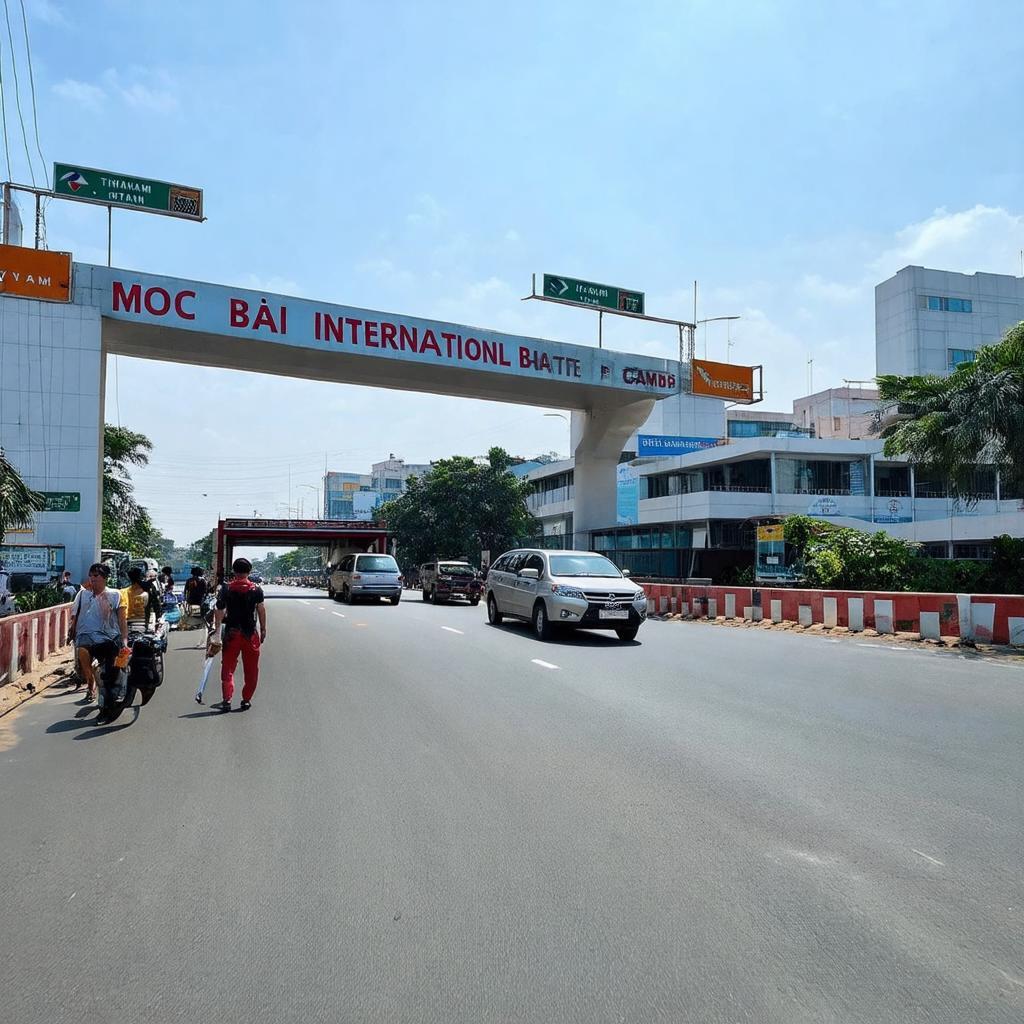 Cảnh Cửa khẩu Quốc tế Mộc Bài ở Tây Ninh, điểm nối giao thương Việt Nam và Campuchia.