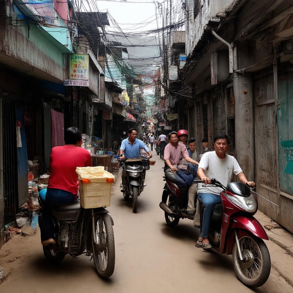Hoạt động mua bán, sinh hoạt thường ngày của người dân bên trong ngõ Hòa Bình 7, Minh Khai.
