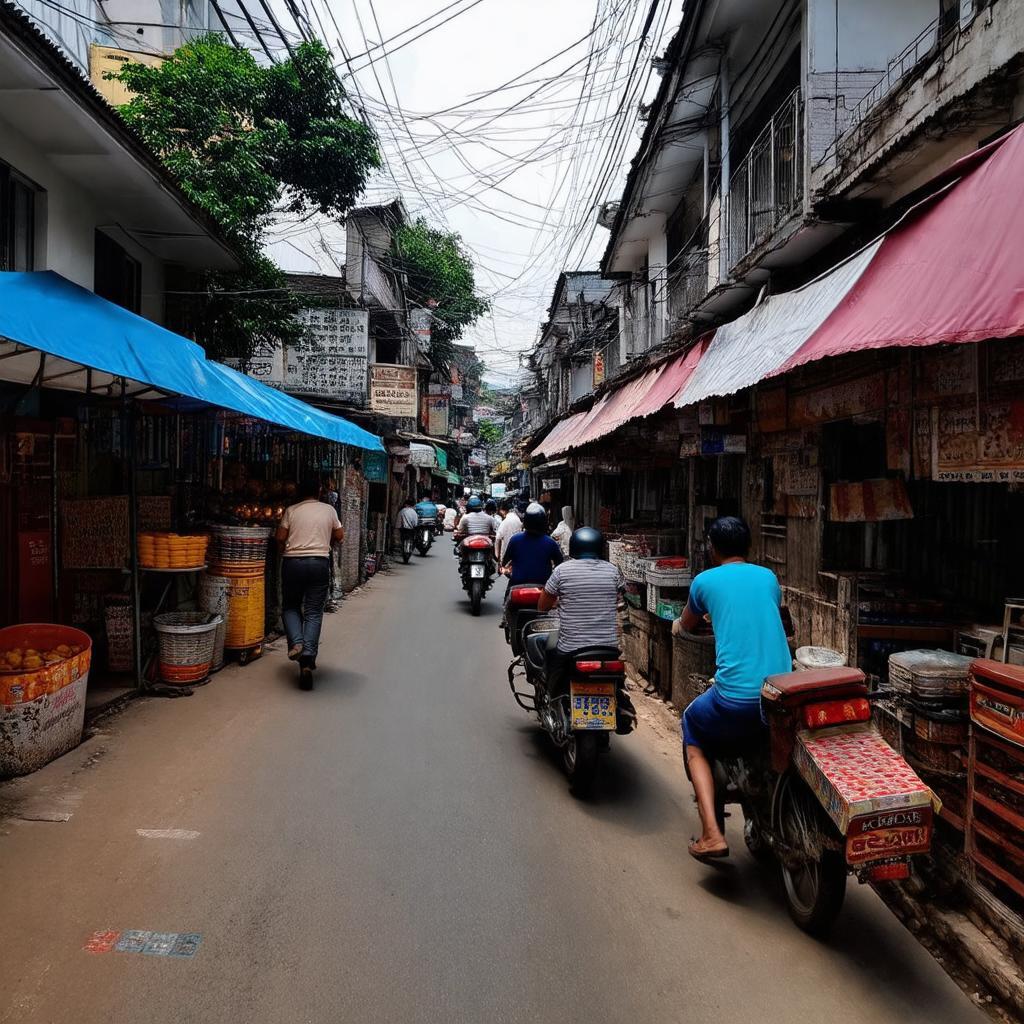 Hình ảnh cuộc sống sinh hoạt và kinh doanh nhỏ lẻ sầm uất bên trong một con ngõ ở Cầu Bươu.