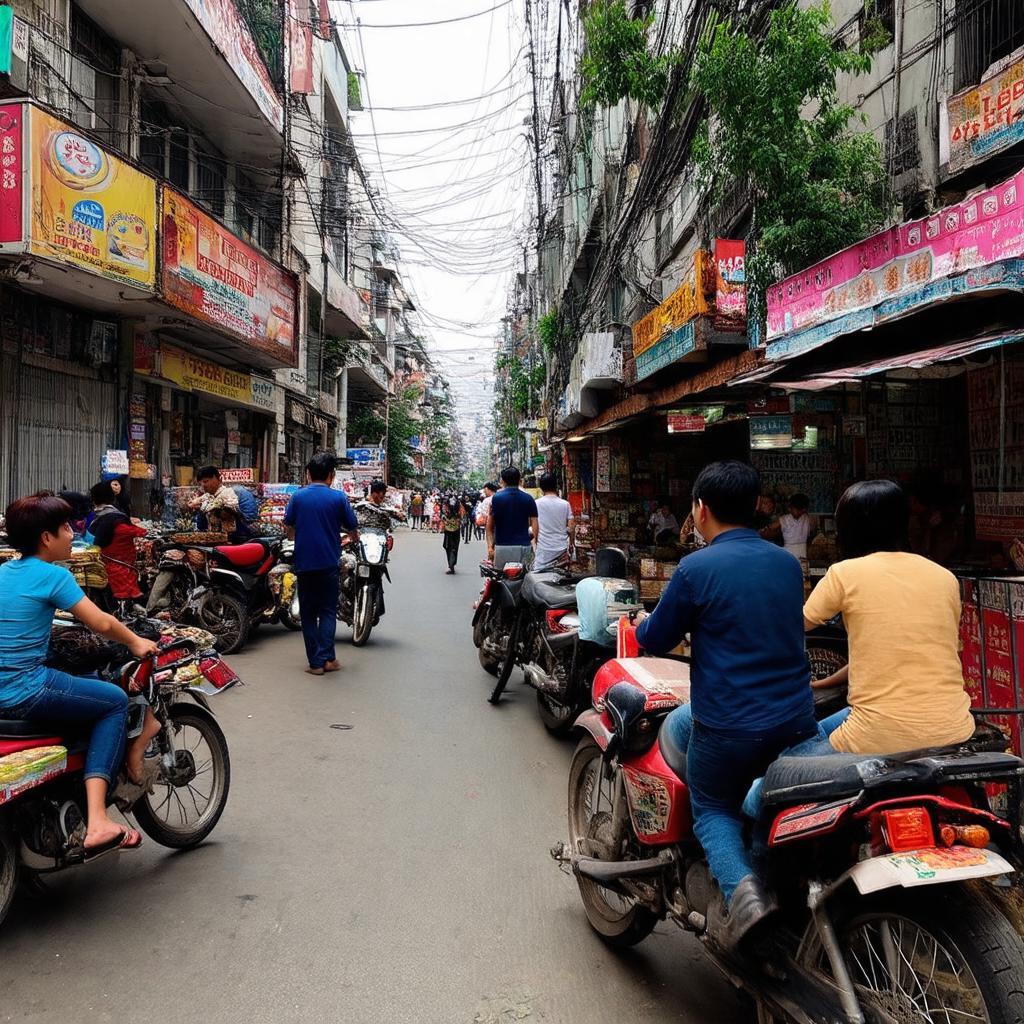 Hình ảnh cuộc sống hàng ngày nhộn nhịp với các hoạt động kinh doanh trên Phố Bùi Huy Bích.