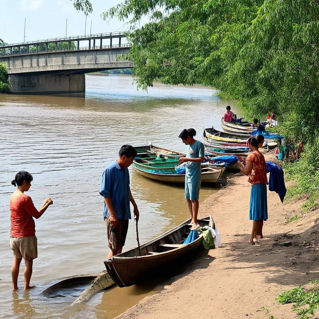 Người dân sinh hoạt bên bờ sông ở Bến Tre gần khu vực cầu