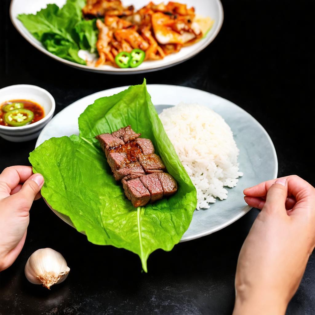 Cuốn thịt nướng Galbi House BBQ cùng rau sống và panchan chuẩn vị Hàn Quốc