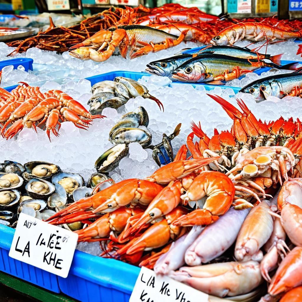 Cac loai hai san va ca nuoc ngot da dang bay ban tai cho dau moi la khe
