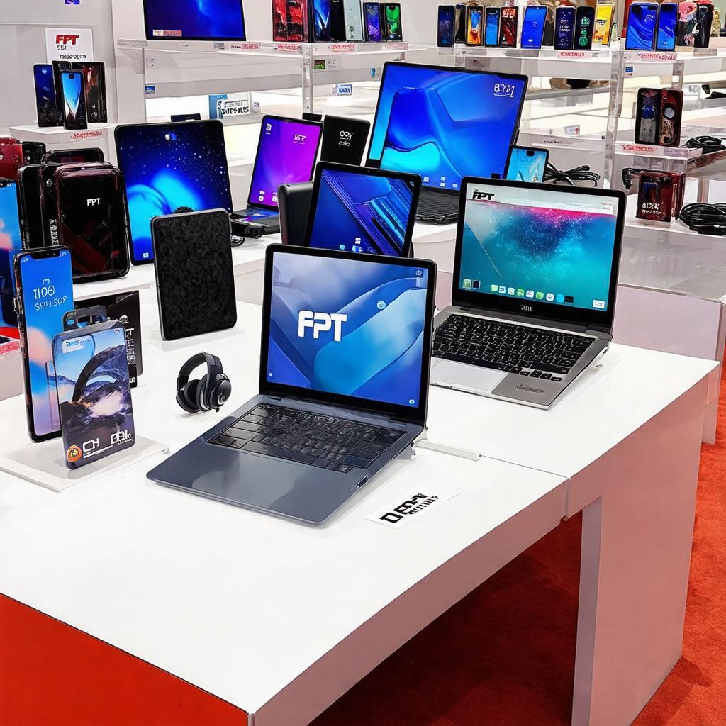 Cac loai san pham cong nghe nhu dien thoai laptop phu kien trung bay tai FPT Shop