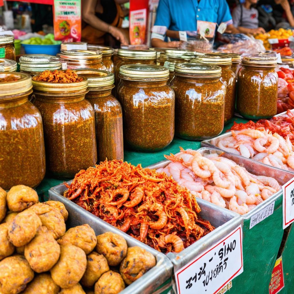 Các loại mắm, khô đặc trưng và bánh trái truyền thống bày bán tại Chợ Bình Phú, Tiền Giang.