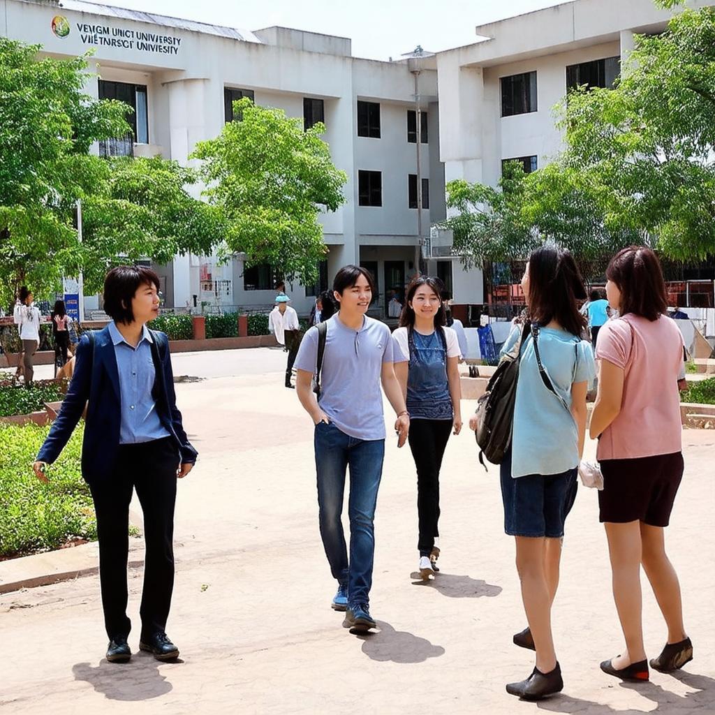 Sinh viên tại khuôn viên cơ sở Đại học Tài chính - Marketing Nguyễn Kiệm trong giờ giải lao, thể hiện không khí học tập năng động.