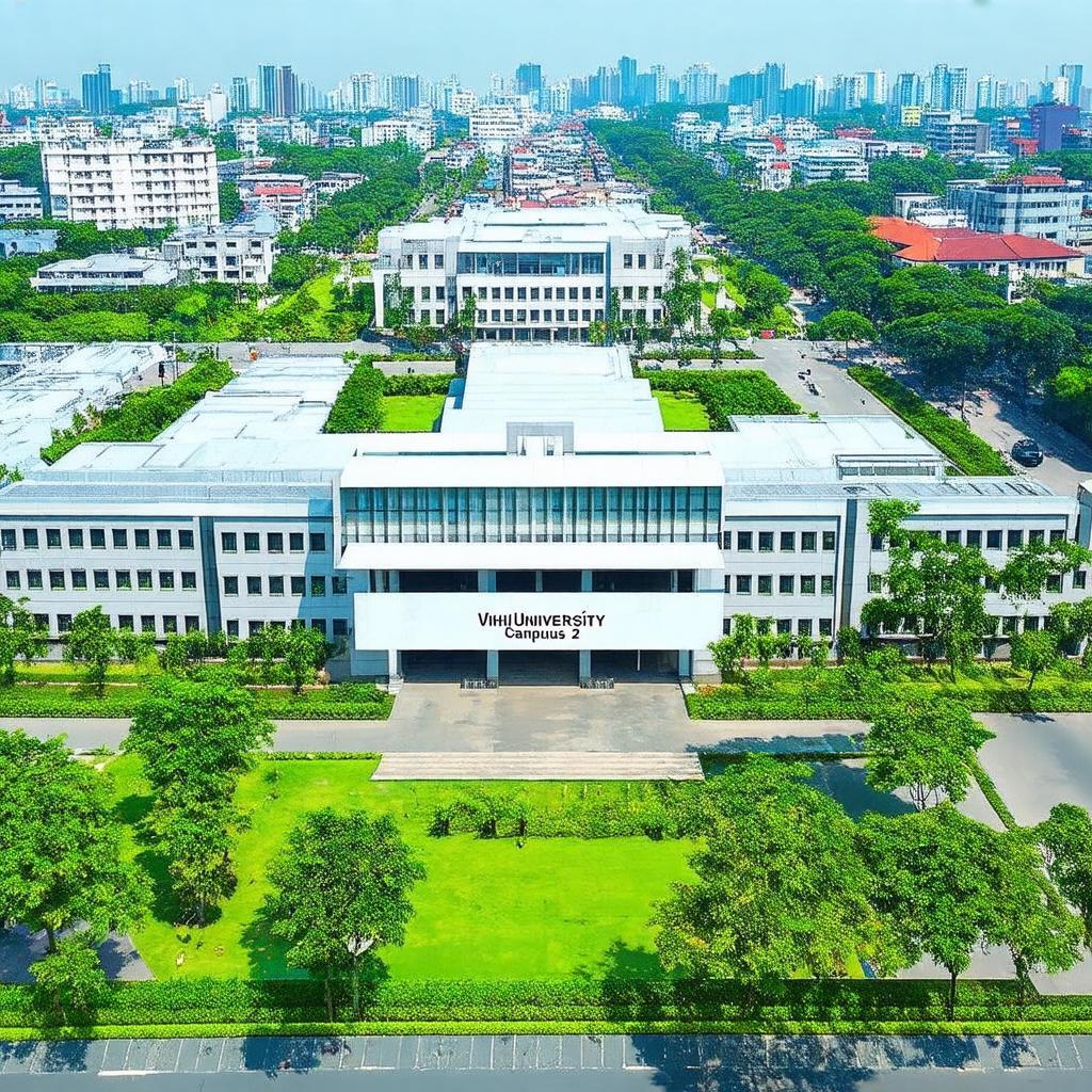 Toàn cảnh khuôn viên Cơ sở 2 Đại học Vinh rộng rãi, hiện đại với nhiều cây xanh và tòa nhà