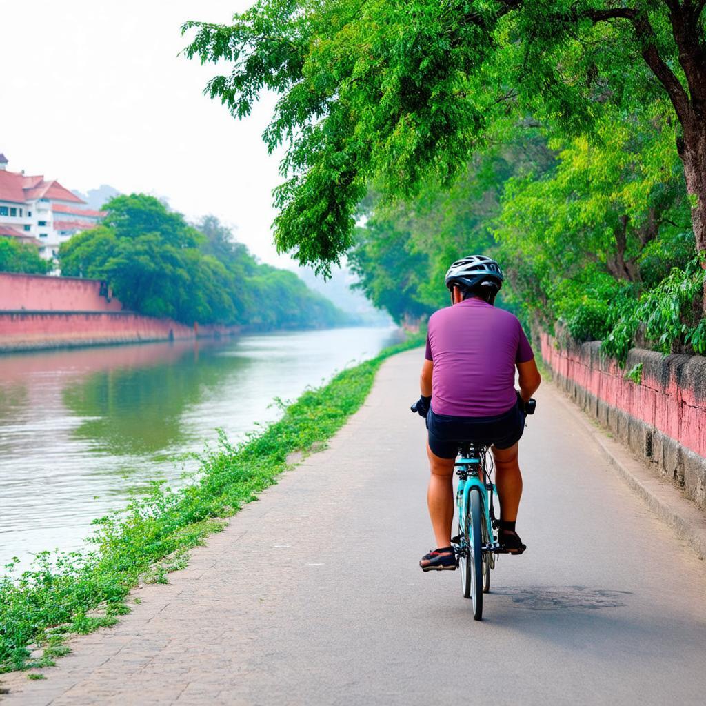 Du khách đạp xe thư giãn ven sông Hương tại khu vực Vỹ Dạ, Huế, tận hưởng không khí trong lành