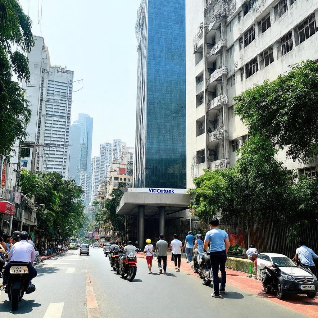 Cảnh quan nhộn nhịp xung quanh tòa nhà Vietcombank Tower, thể hiện sự thuận tiện di chuyển.