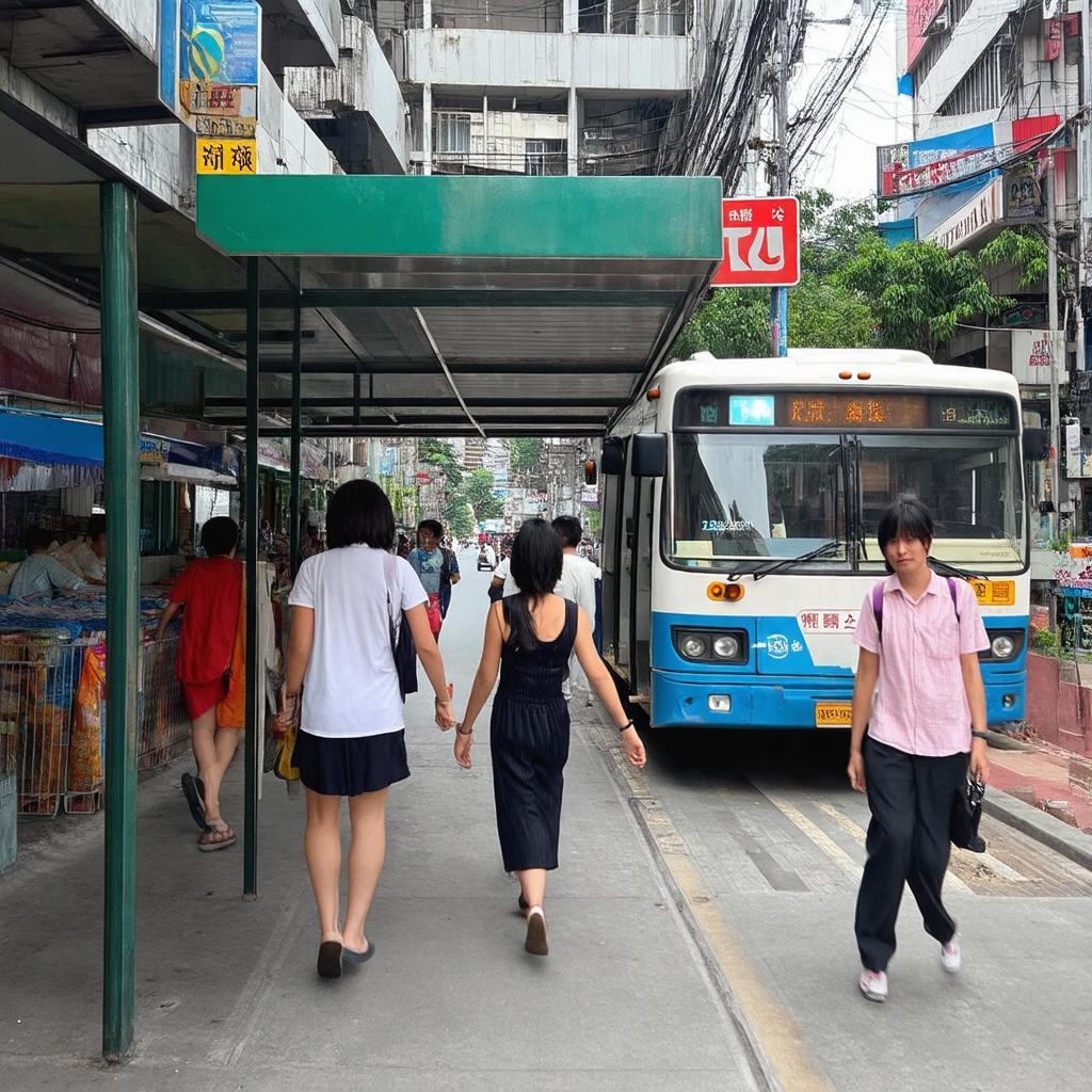 Cảnh học sinh hoặc người dân đi bộ từ trạm xe buýt gần đường Hồ Hảo Hớn Quận 1.