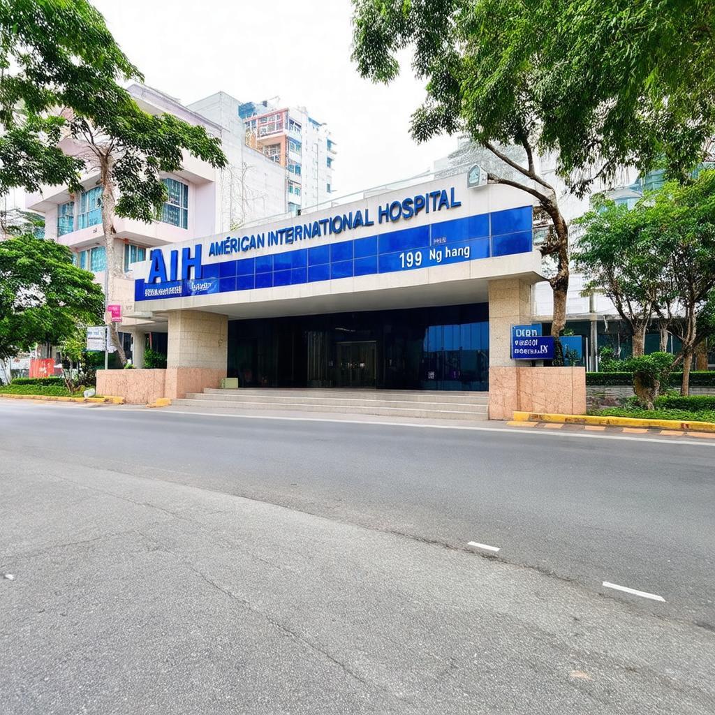 Biển chỉ dẫn hoặc lối vào chính bệnh viện Quốc tế Mỹ AIH tại địa chỉ 199 Nguyễn Hoàng, An Phú, TP Thủ Đức.