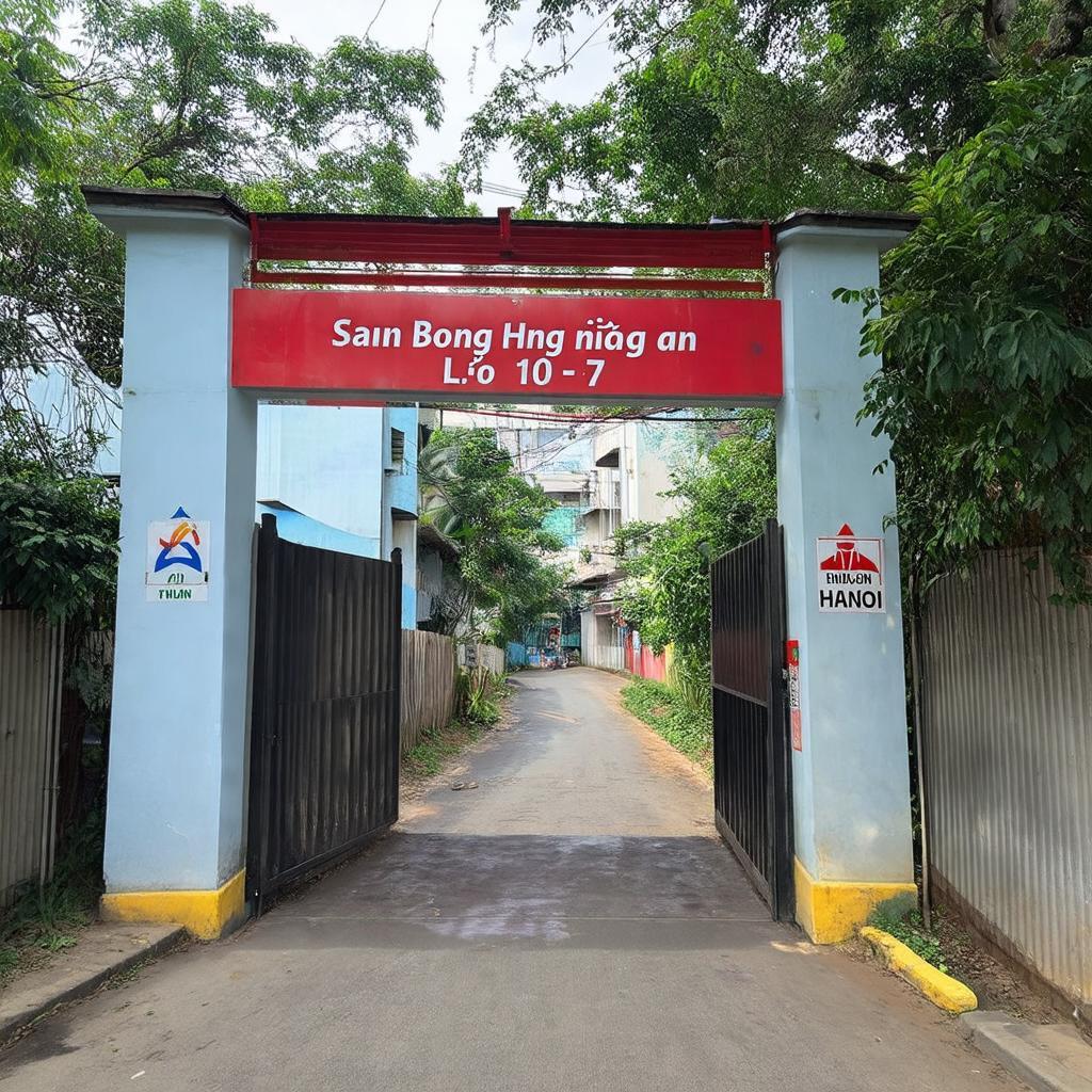 Hình ảnh biển chỉ dẫn hoặc lối vào khu vực Lô D10-7 Phố Triều Khúc, dẫn đến Sân Bóng Hồng Ân.
