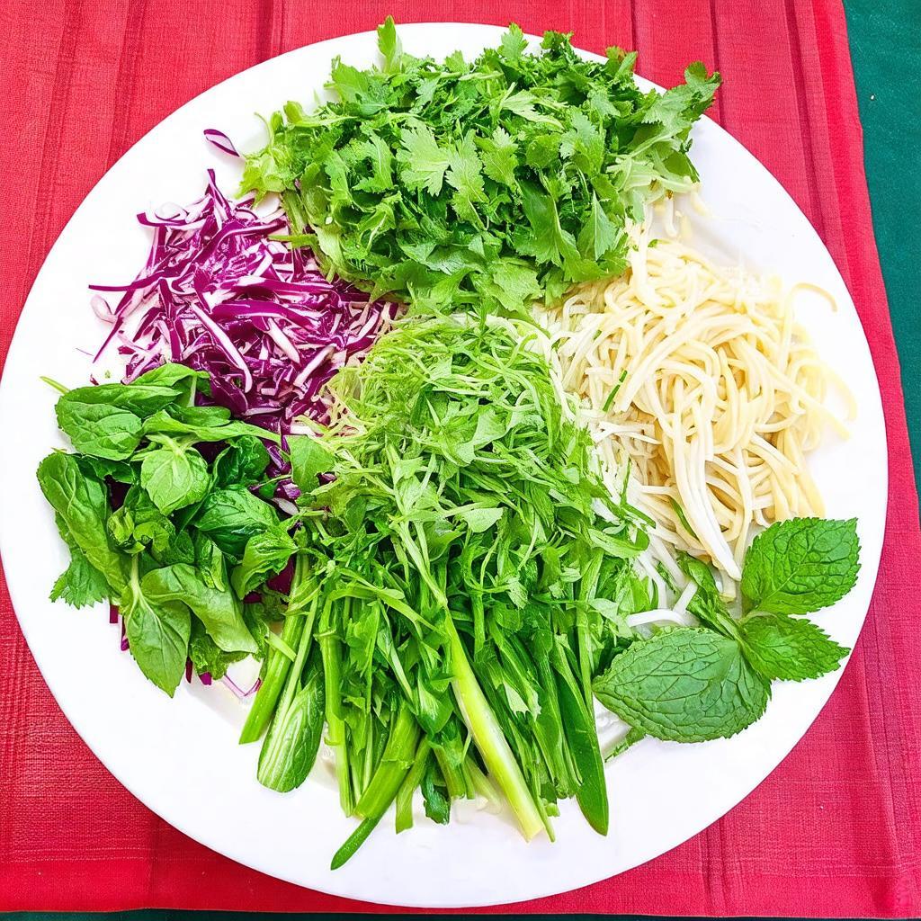 Đĩa rau sống khổng lồ tươi ngon ăn kèm bún mắm tại Quán Bún Mắm 444 với đa dạng loại rau.