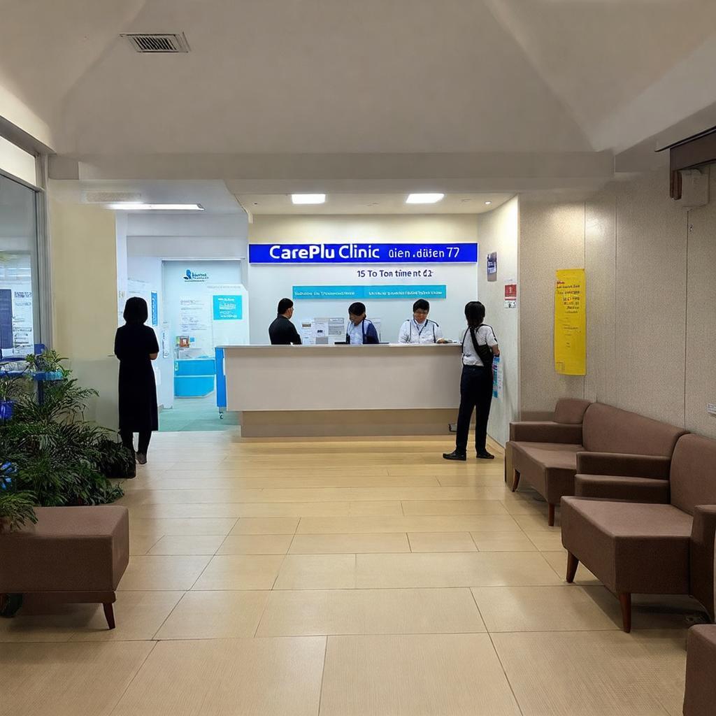 Hình ảnh bên trong Phòng Khám CarePlus 105 Tôn Dật Tiên, thể hiện không gian sạch sẽ, hiện đại và khu vực chờ đợi thoải mái