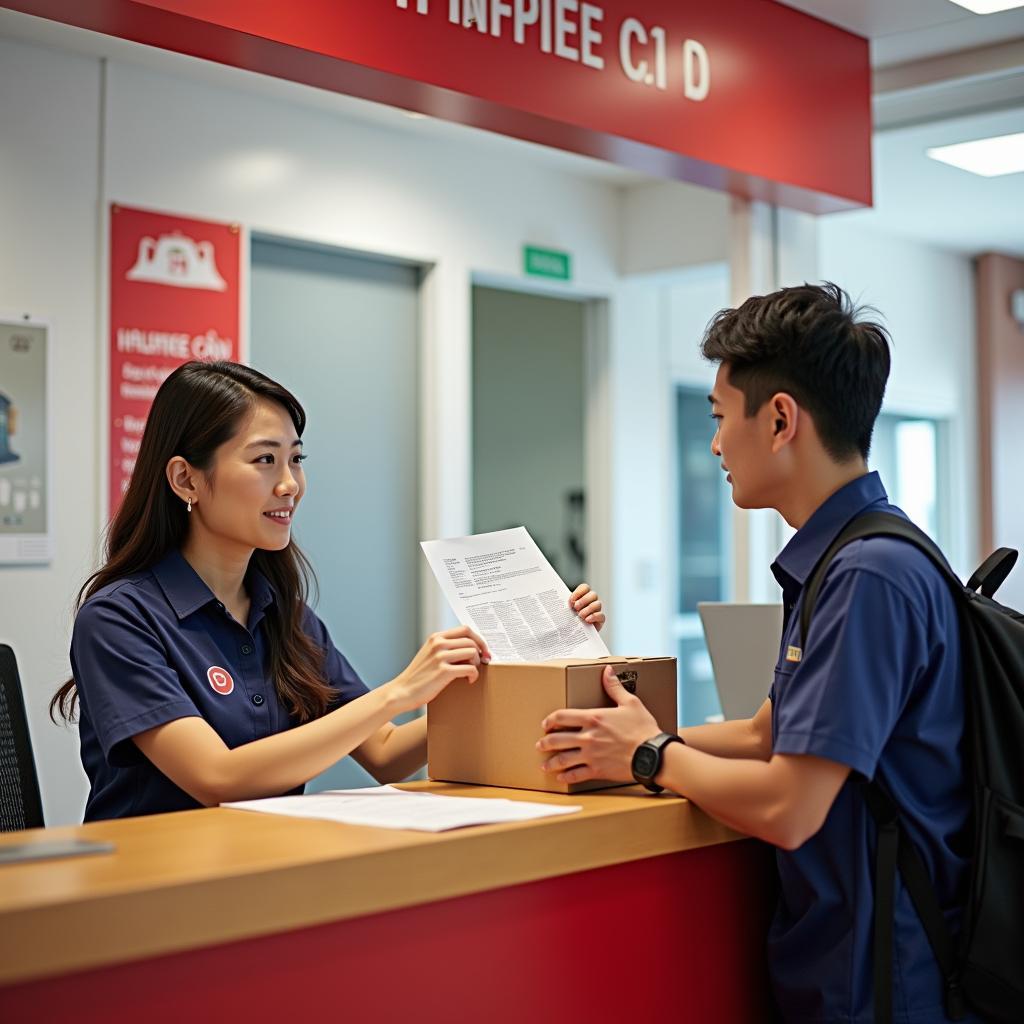 Nhân viên tiếp nhận bưu phẩm tại bưu cục chuyển phát nhanh Anh Huy ở 91 Khuất Duy Tiến
