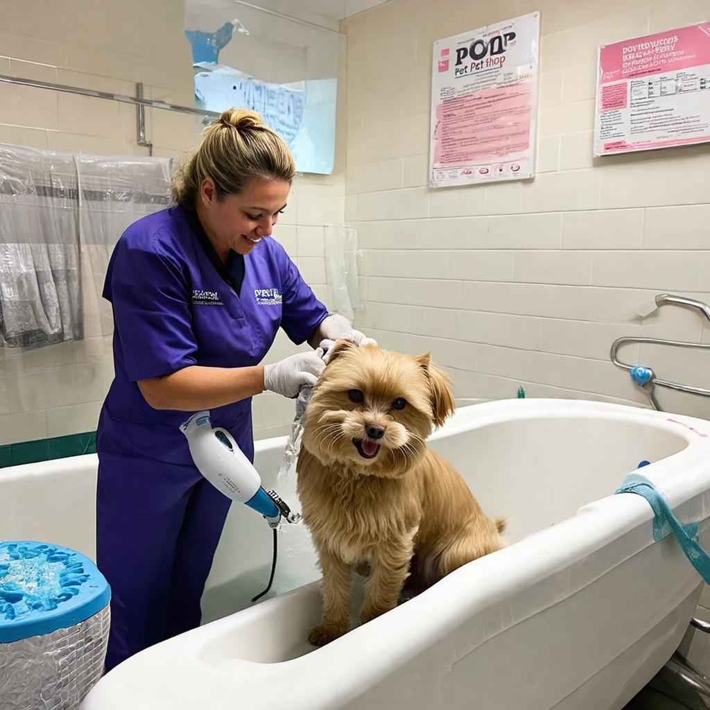 Nhân viên POP Pet Shop thực hiện dịch vụ tắm, sấy, cắt tỉa lông cho thú cưng tại khu vực grooming.