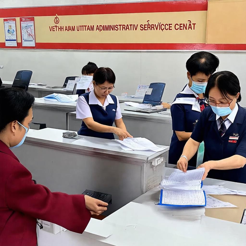 Người dân tương tác với cán bộ tại quầy làm thủ tục hành chính công ở bộ phận một cửa.