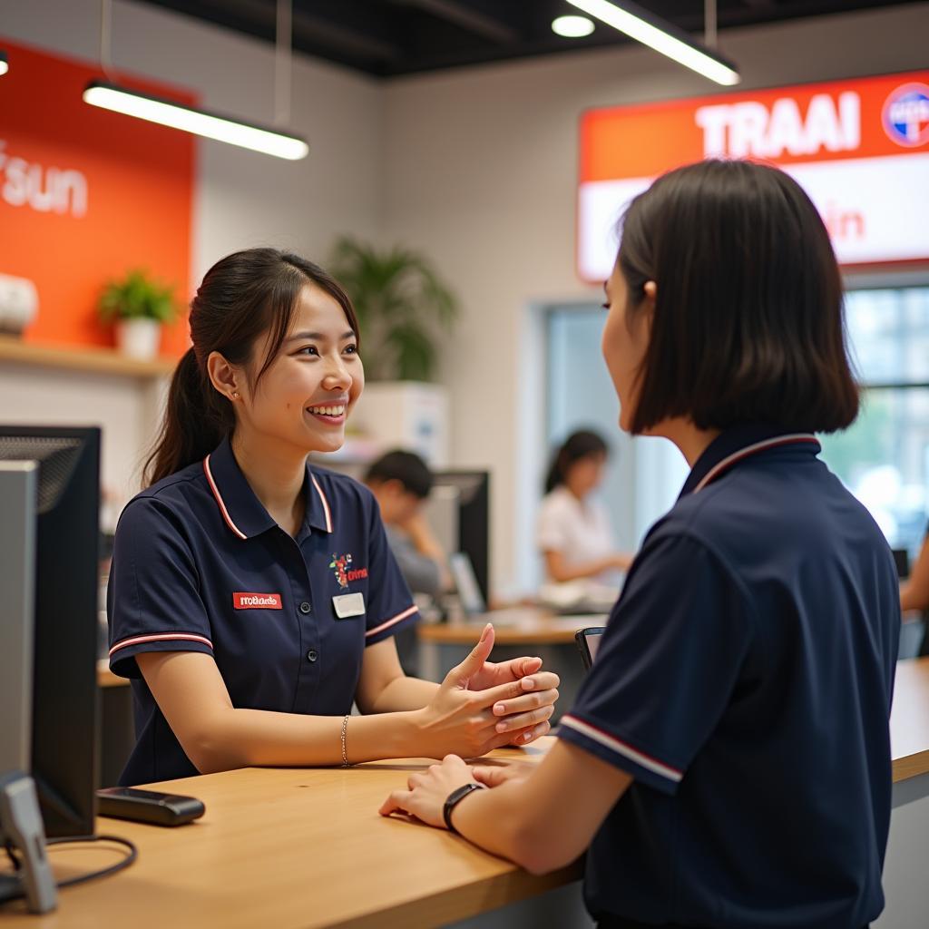 Hình ảnh minh họa nhân viên MobiFone đang tư vấn cho khách hàng tại quầy giao dịch