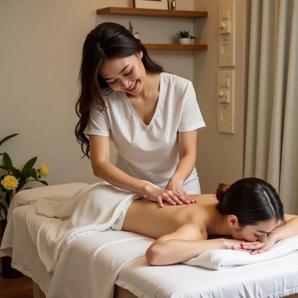 Kỹ thuật viên đang thực hiện liệu trình massage chuyên nghiệp tại Massage Hoàng Gia Lý Thường Kiệt