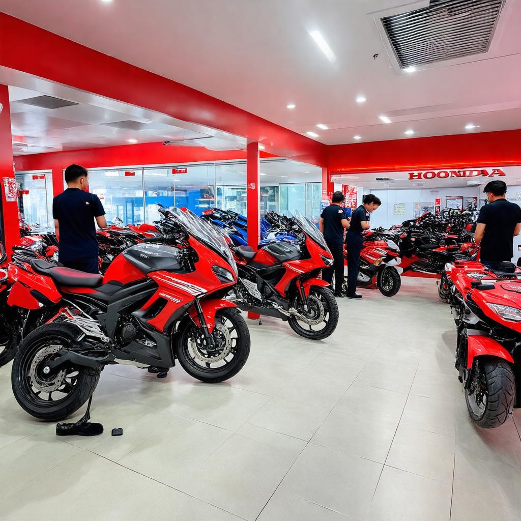 Khu vực dịch vụ sửa chữa và bảo dưỡng xe máy chuyên nghiệp tại Honda Hùng Mạnh 7 sẵn sàng phục vụ khách hàng tận tâm