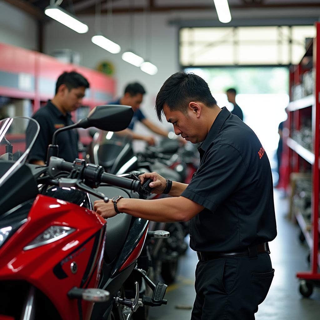 Kỹ thuật viên đang kiểm tra và sửa chữa xe máy tại trung tâm dịch vụ Honda Thành Phát ở Rạch Giá