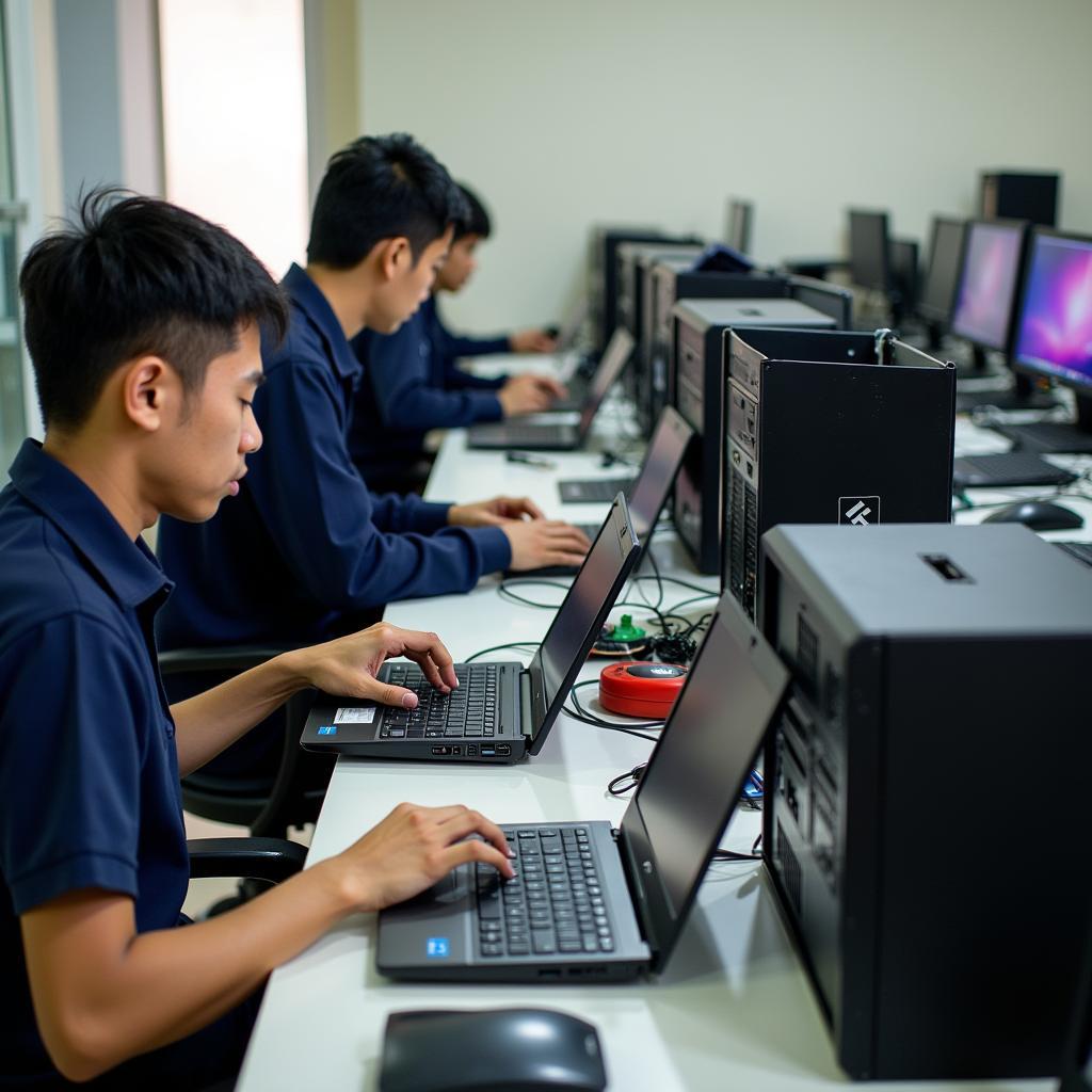 Đội ngũ kỹ thuật viên Vi tính T.D An Giang đang thực hiện sửa chữa laptop và máy tính để bàn cho khách hàng tại cửa hàng 63A Hà Hoàng Hổ, Long Xuyên