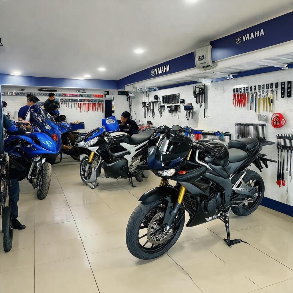 Khu vực dịch vụ sửa chữa và bảo dưỡng xe máy tại Yamaha Town Trung Thành Bắc Ninh, chuyên nghiệp và sạch sẽ