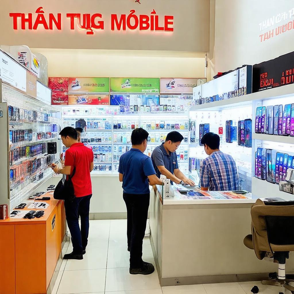 Nội thất cửa hàng Thanh Tùng Mobile trưng bày sản phẩm và khu vực sửa chữa