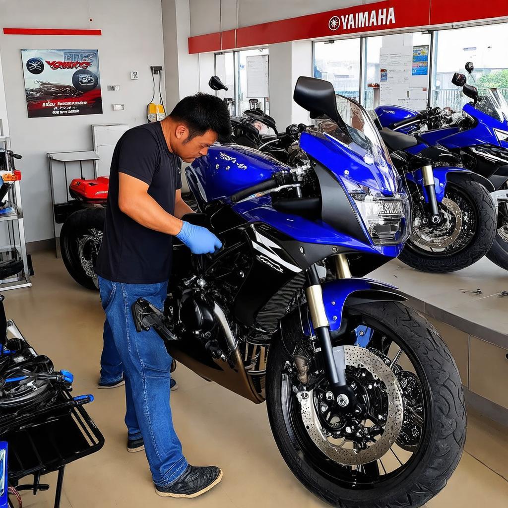 Kỹ thuật viên sửa chữa và bảo dưỡng xe máy tại Yamaha Mạnh Phong Kinh Mường Hải Dương