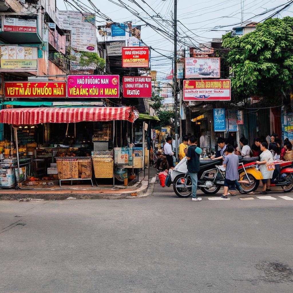 Cảnh quan đường phố quanh Ngã tư Phổ Yên với nhiều cửa hàng, quán ăn bình dân và các dịch vụ tiện ích đa dạng.