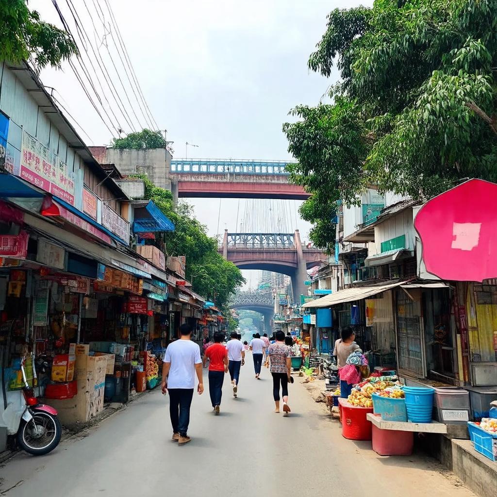 Cảnh quan xung quanh Cầu Lim với các cửa hàng, quán ăn phản ánh nhịp sống sầm uất