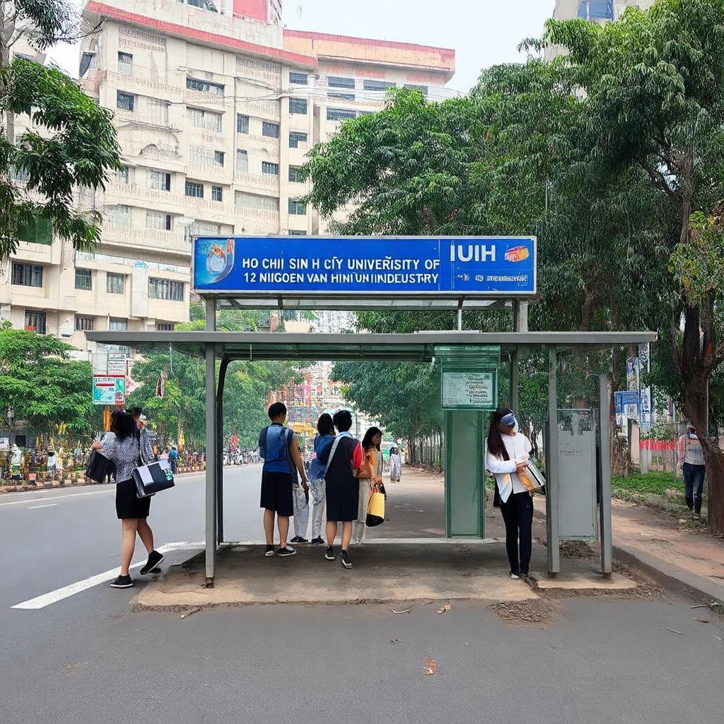 Sinh viên chờ xe buýt tại điểm dừng gần trường Đại học Công nghiệp TP.HCM (IUH)
