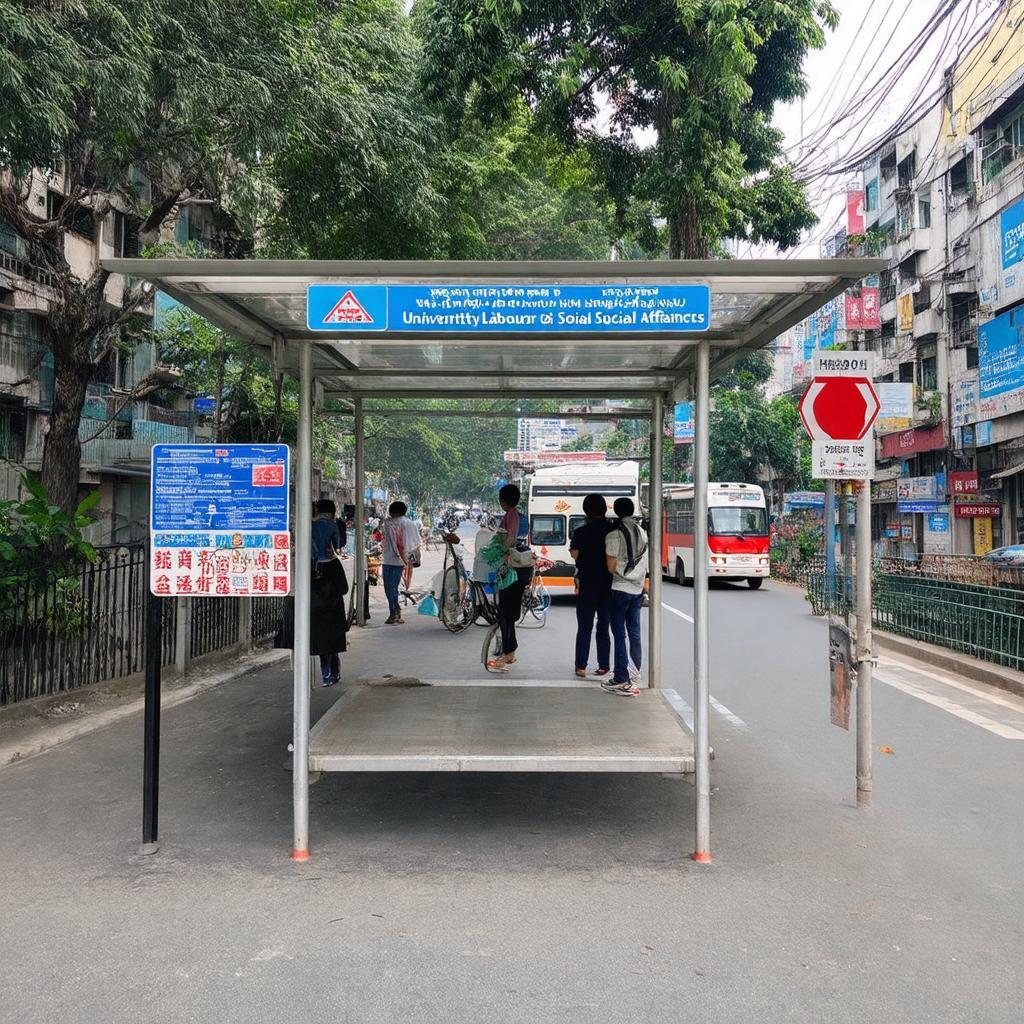 Cảnh một điểm dừng xe buýt thuận tiện nằm gần cổng trường Đại học Lao động Xã hội trên tuyến đường Trần Duy Hưng đông đúc.