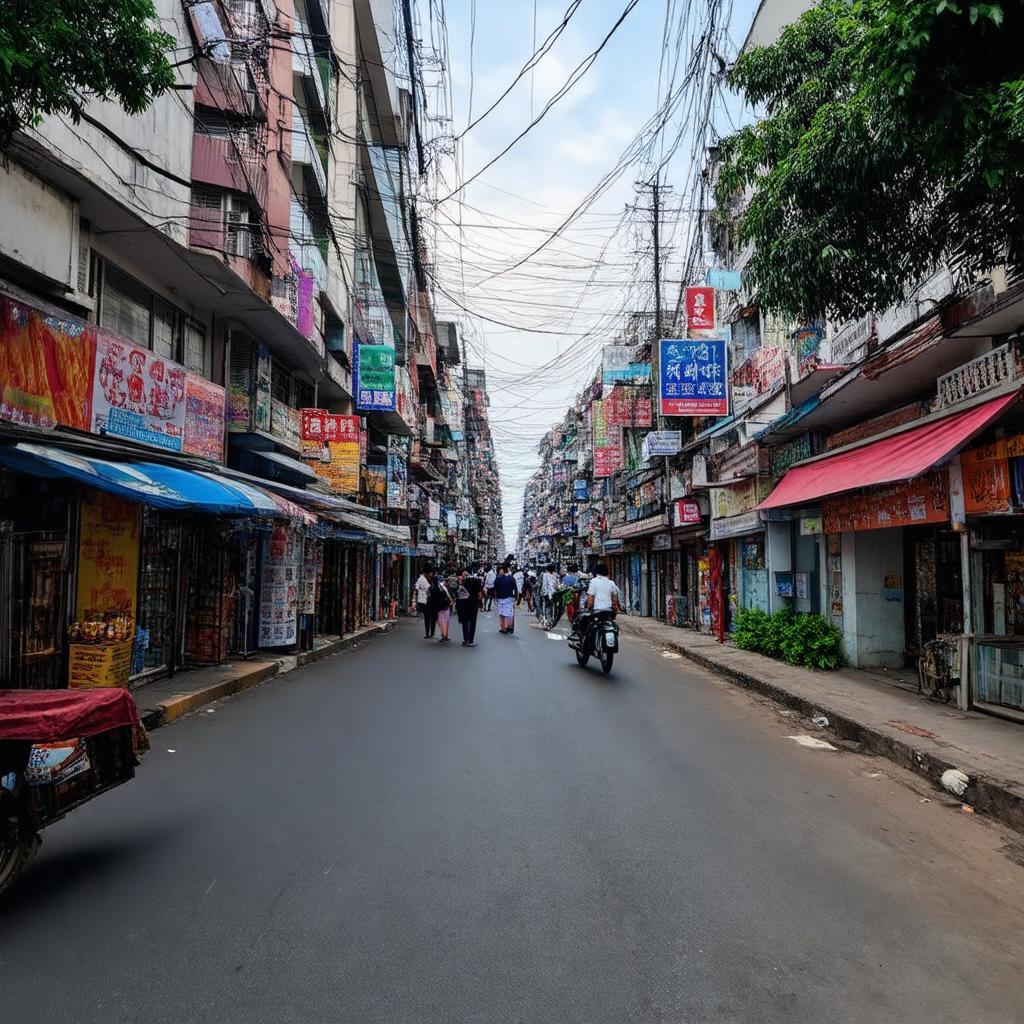 Một góc khu vực sầm uất gần Ngã tư Bốn Xã với các cửa hàng và hoạt động thương mại