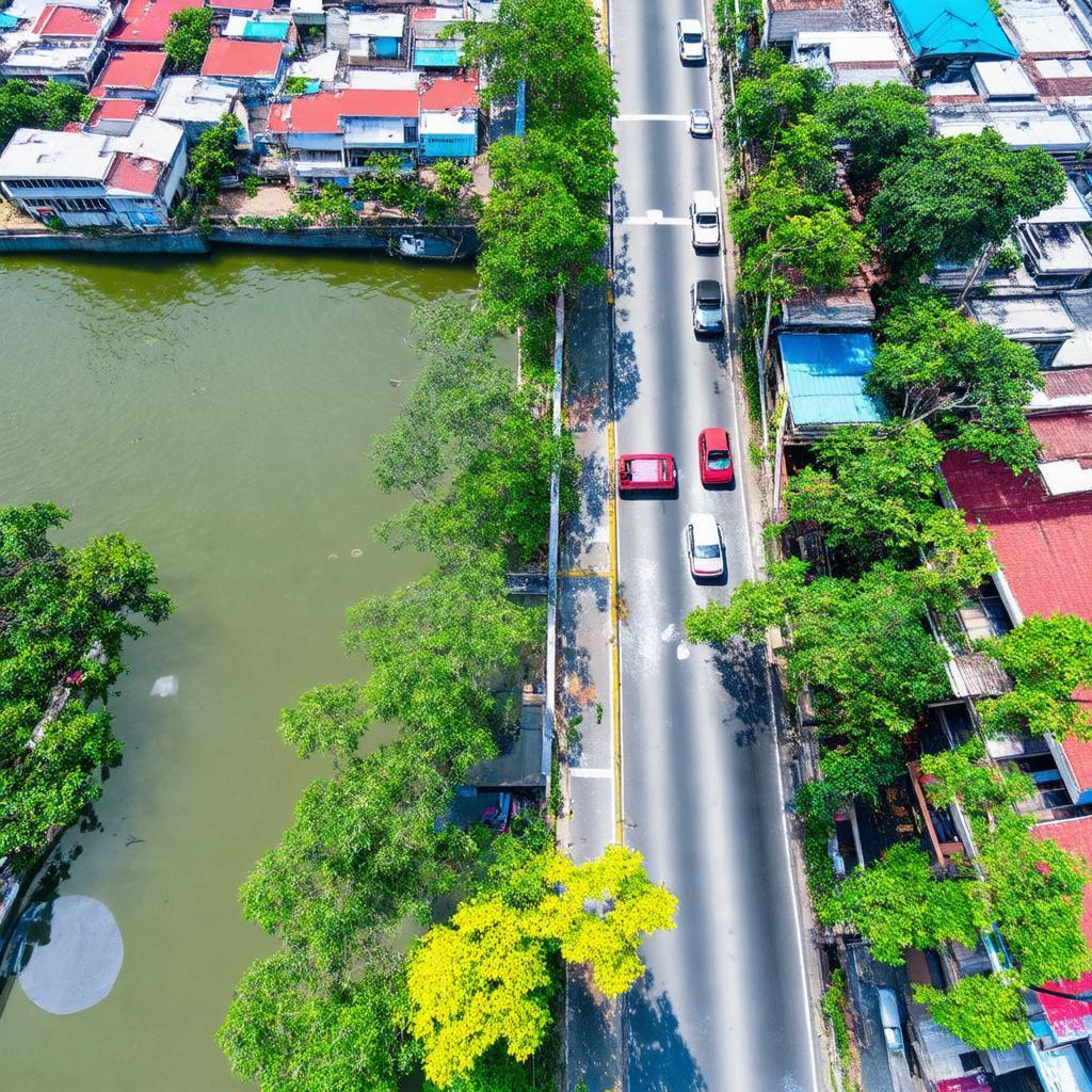 Toàn cảnh một đoạn Phố Đặng Thai Mai nhìn từ trên cao hoặc từ phía Hồ Tây, làm nổi bật vị trí và không gian xanh mát của khu vực Tây Hồ, Hà Nội