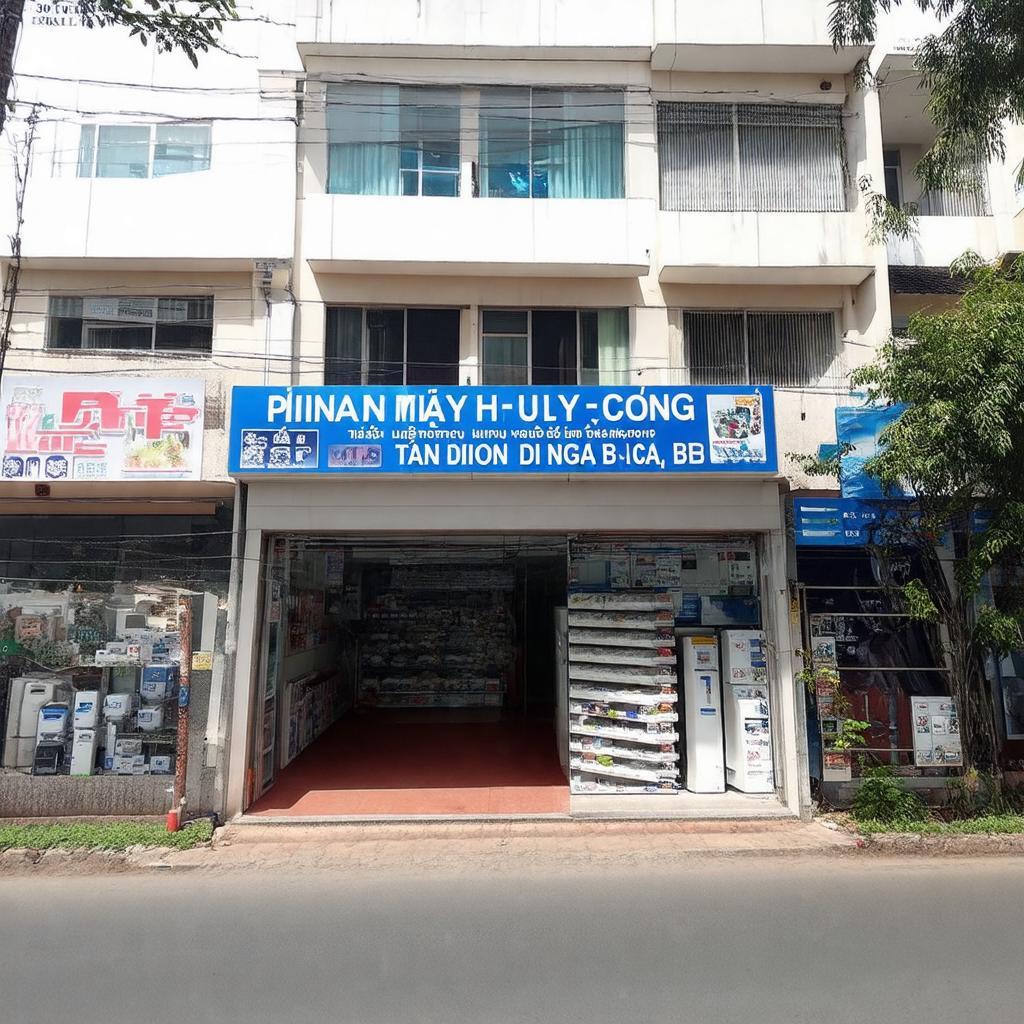 Bên ngoài cửa hàng Điện Máy Huy Cường số 30 Quốc Lộ 13, Tân Định, Bến Cát hiển thị biển hiệu rõ ràng